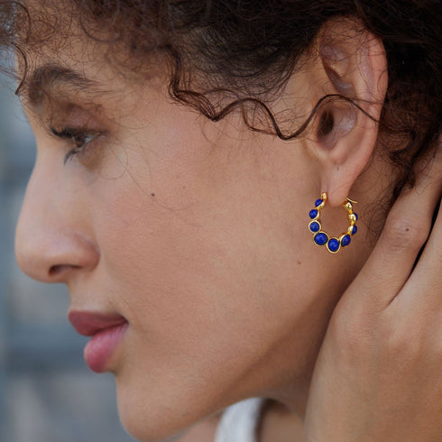 Cross Blue Gemstone Hoop Earrings - 18K Vermeil