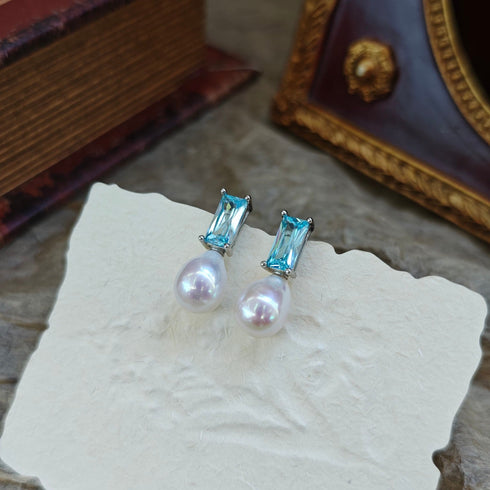 Blue Crystal Rectangle Baroque Pearl Stud Earrings