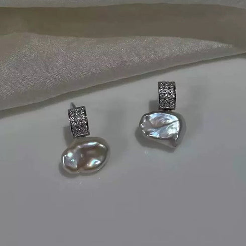 Cube Zirconia Baroque Pearl Stud Earrings