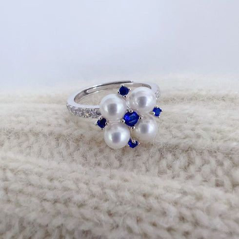 Vivid Blue Zirconia Pearl Flower Ring – Sterling Silver