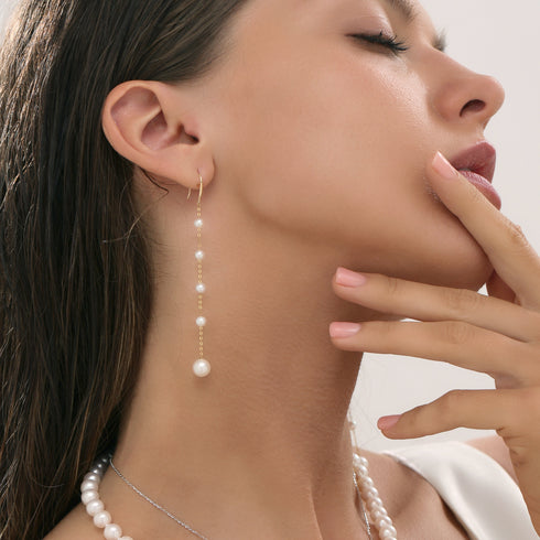 Grace Elegant Pearl Chain Drop Earrings - 18K Solid Gold