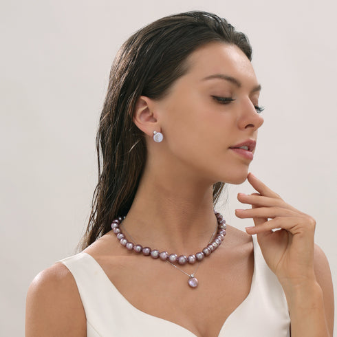 Purple Coin Pearl Pendant Necklace with Cubic Zirconia