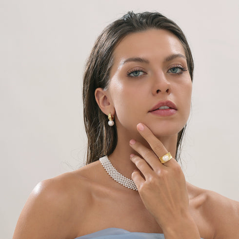 Chic White Pearl Wide Gold Open Ring - 18K Gold Vermeil