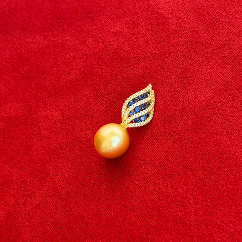 Blue Sapphire Leaf Golden South Sea Pearl Pendant