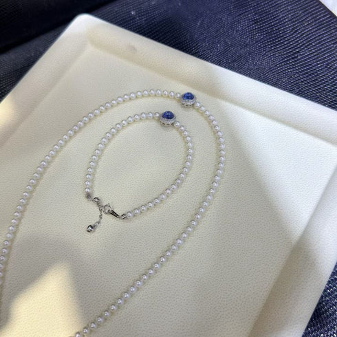 Mini Freshwater Pearl Blue Zirconia Necklace - Sterling Silver