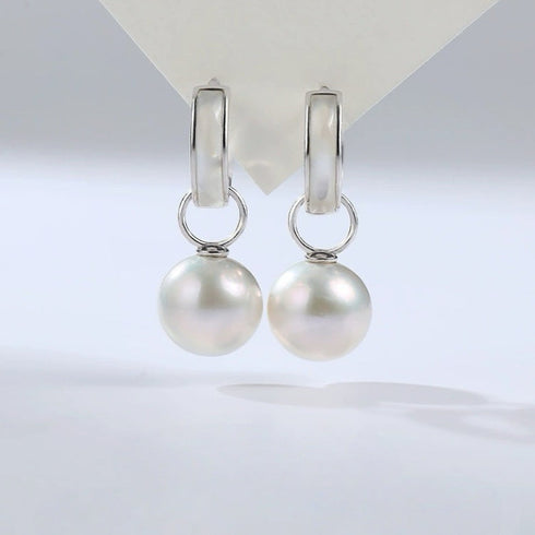 Mother of Pearl Shell Hoop Pearl Drop Earrings - Sterling Silver