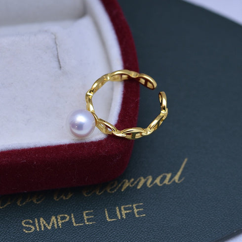 Minimal Chain Freshwater Pearl Open Ring – Sterling Silver