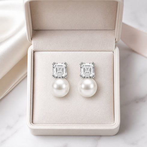 White Cube Pearl Stud Earrings