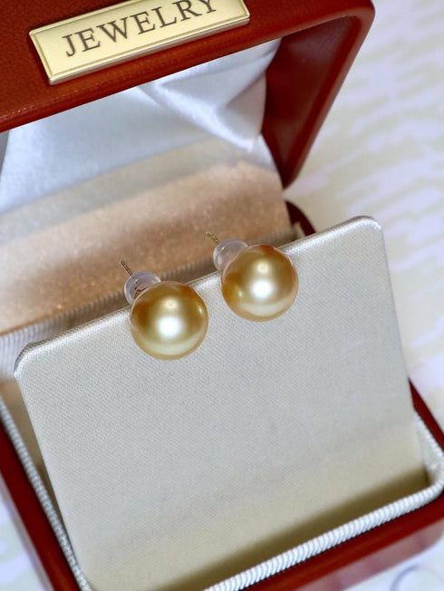 10-11mm Golden South Sea Pearl & Classic Stud Earrings 18K Gold - Earrings made with hand-selected pearls from House of Pearls