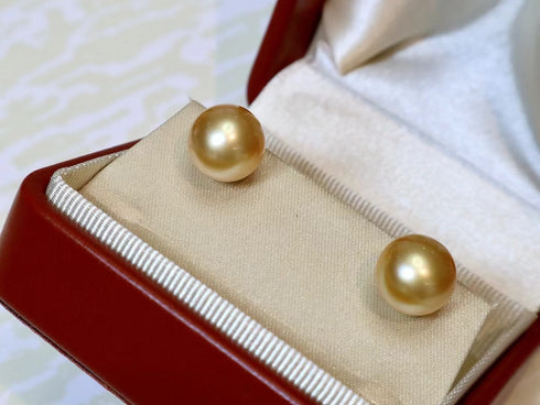 10-11mm Golden South Sea Pearl & Classic Stud Earrings 18K Gold - Earrings made with hand-selected pearls from House of Pearls