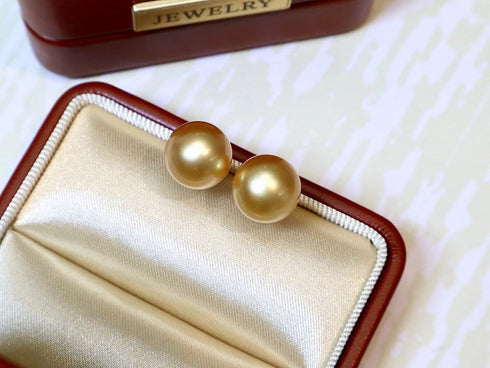10-11mm Golden South Sea Pearl & Classic Stud Earrings 18K Gold - Earrings made with hand-selected pearls from House of Pearls
