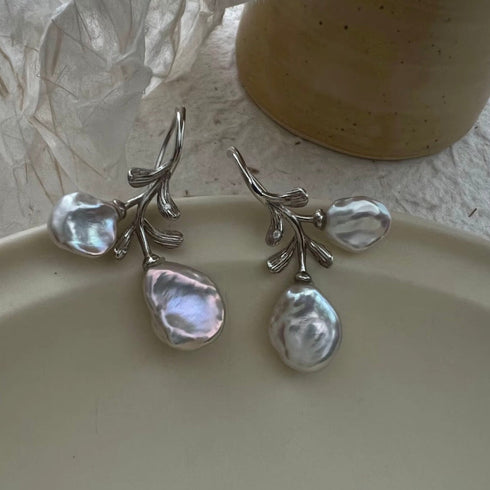 Petal Baroque Pearl Flower Hook Earrings - Sterling Silver