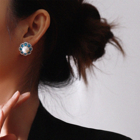 Flower Turquoise Pearl Stud Earrings