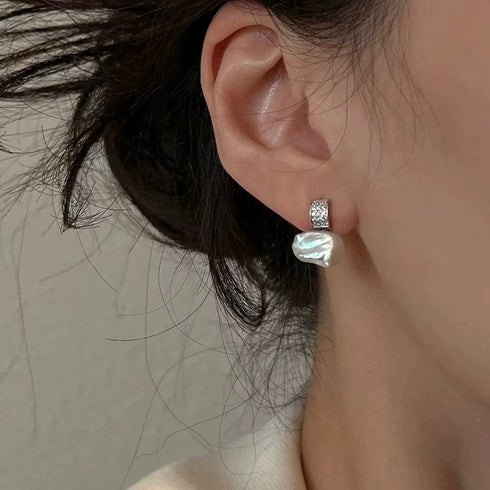 Cube Zirconia Baroque Pearl Stud Earrings