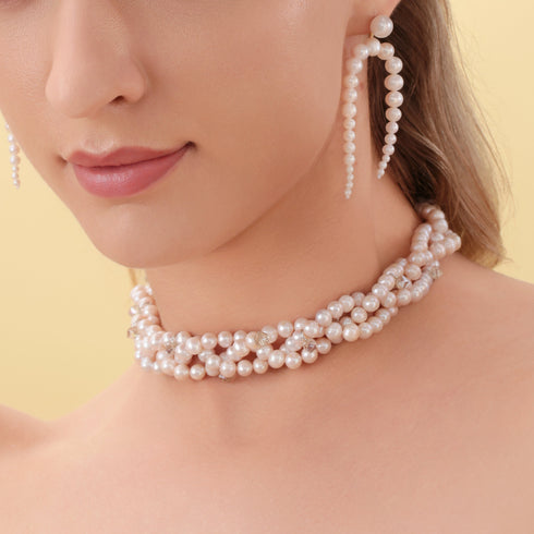Triple-Layer Handcrafted Pearl Crystal Necklace - House Of Pearls