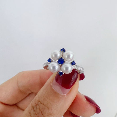 Vivid Blue Zirconia Pearl Flower Ring – Sterling Silver