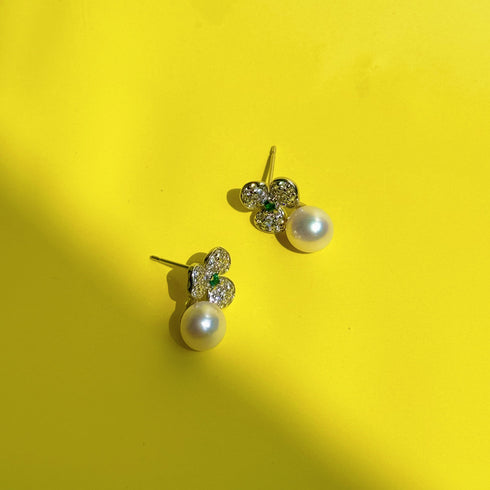 Floral Leaf Green Zirconia Pearl Earrings - Natural Beauty