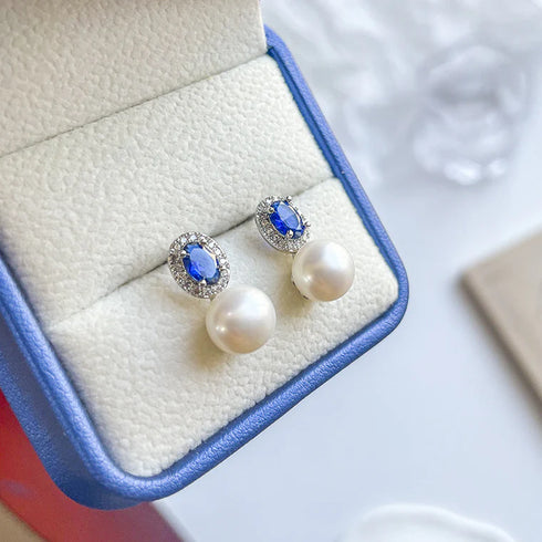 Blue Crystal Pearl Earrings