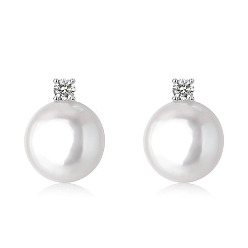 White Coin Pearl Stud Earrings with Cubic Zirconia