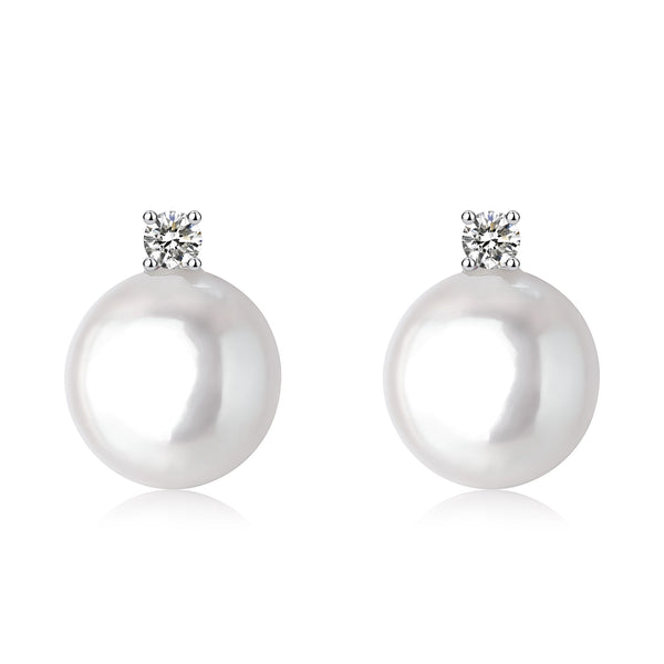 White Coin Pearl Stud Earrings with Cubic Zirconia