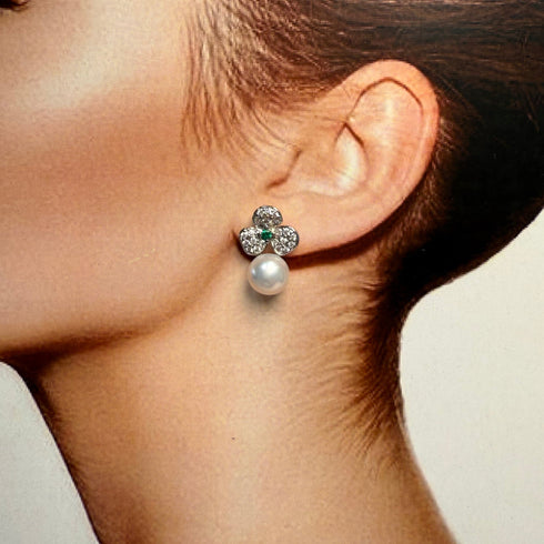 Floral Leaf Green Zirconia Pearl Earrings - Natural Beauty