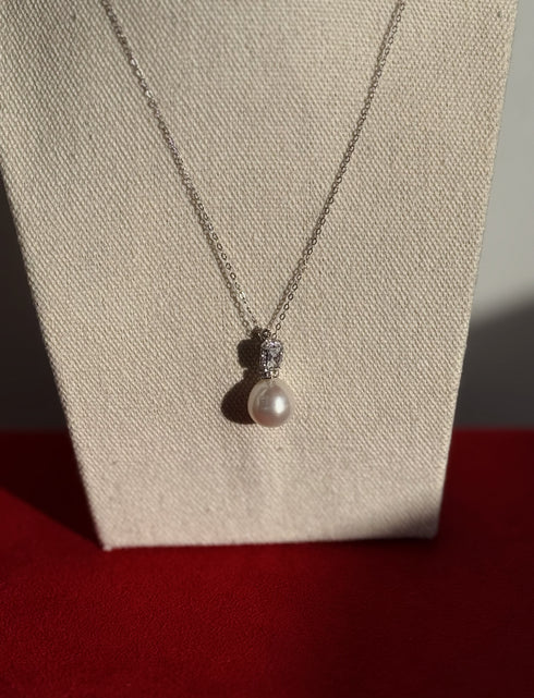 Rectangle Cubic Zirconia Pearl Pendant Necklace