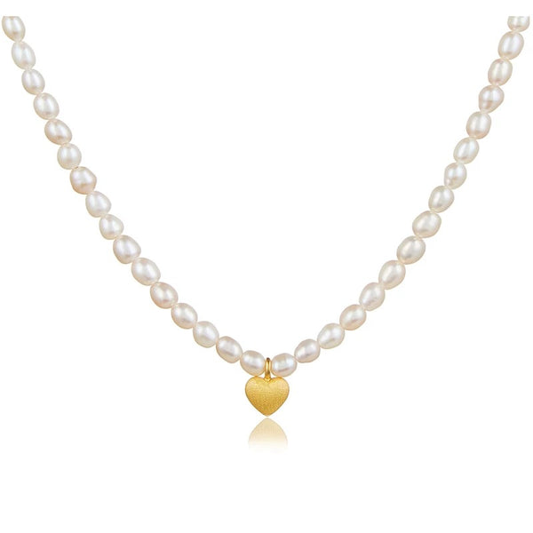 Gold Heart Pendant Rice Pearl Beaded Necklace