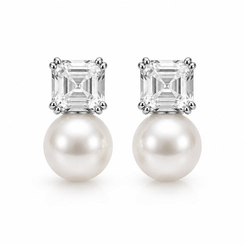 White Cube Pearl Stud Earrings