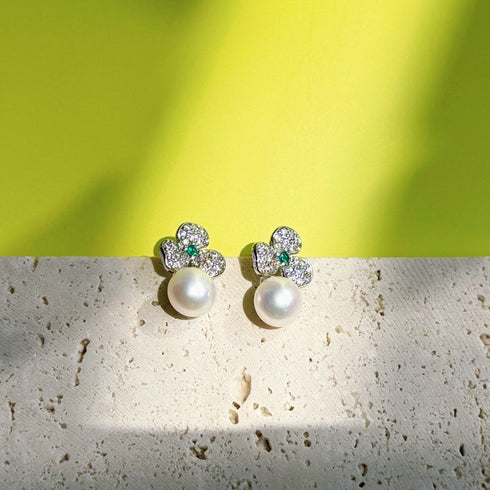 Floral Leaf Green Zirconia Pearl Earrings - Natural Beauty