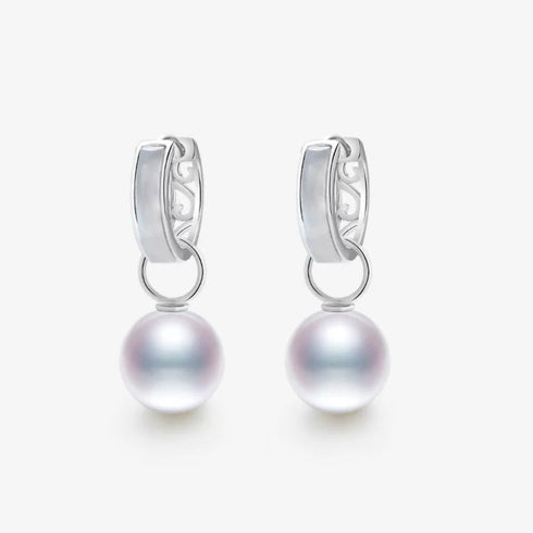 Mother of Pearl Shell Hoop Pearl Drop Earrings - Sterling Silver