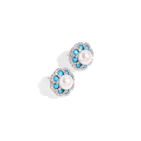 Flower Turquoise Pearl Stud Earrings