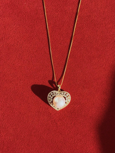 Radiant Zirconia Heart Pearl Pendant Necklace – Gold Vermeil