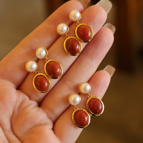 Red Agate Pearl Drop Earrings