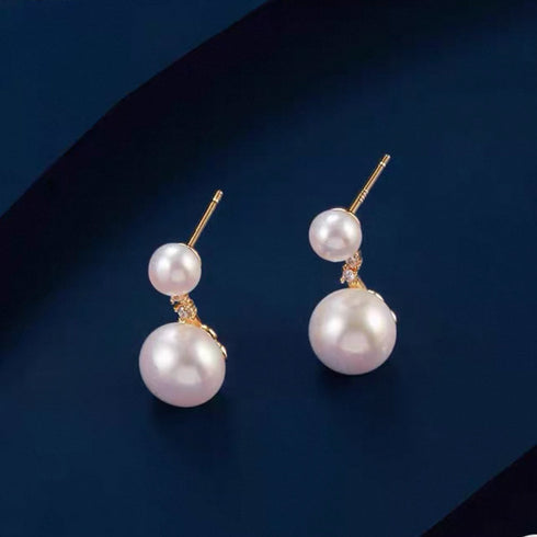 Elegant Dual Pearl Zirconia Stud Earrings - Gold Vermeil