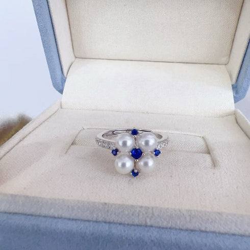 Vivid Blue Zirconia Pearl Flower Ring – Sterling Silver