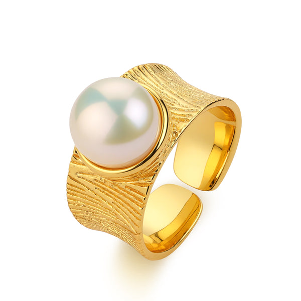 Chic White Pearl Wide Gold Open Ring - 18K Gold Vermeil
