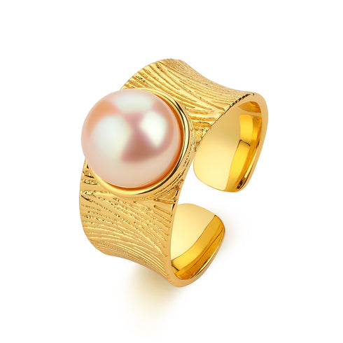 Chic Pink Pearl Wide Gold Open Ring - 18K Gold Vermeil
