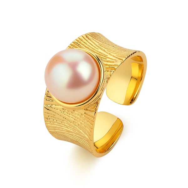 Chic Pink Pearl Wide Gold Open Ring - 18K Gold Vermeil