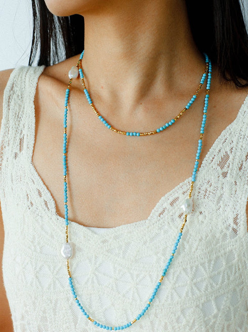 Turquoise and Baroque Pearl Layered Long Necklace - Coastal Elegance