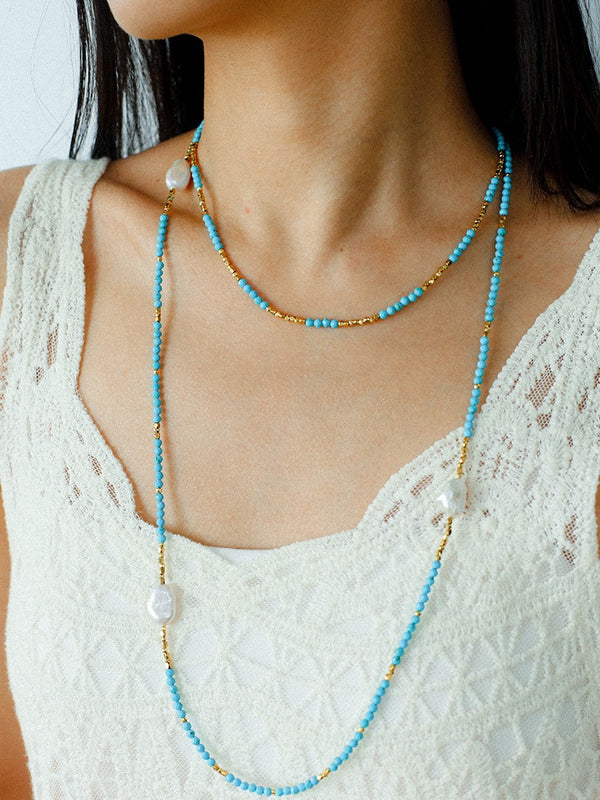 Turquoise and Baroque Pearl Layered Long Necklace - Coastal Elegance