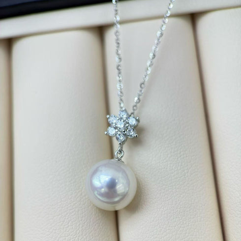 Snow Flower Diamond Pearl Drop Necklace – Sterling Silver