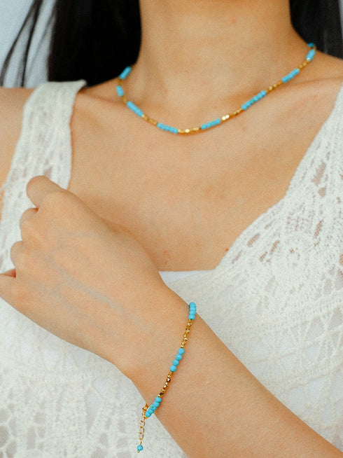 Turquoise Gold Beads Short Necklace / Bracelet - Coastal Elegance (Purchase Separately)