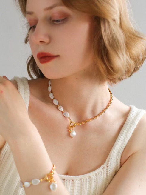 Baroque Pearl Gold Chain Toggle Clasp Necklace & Bracelet