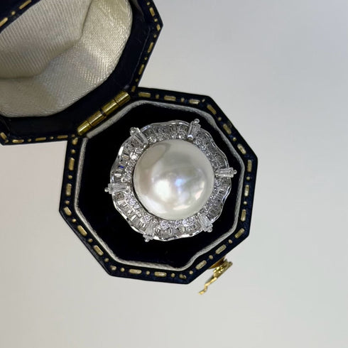 Luxury Zirconia Halo Pearl Open Ring – Sterling Silver