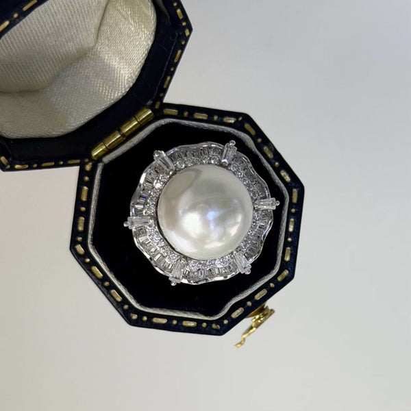 Luxury Zirconia Halo Pearl Open Ring – Sterling Silver