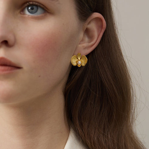 Butterfly Orchid Pearl Stud Earrings - Sterling Silver / Gold Vermeil