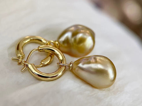 Golden South Sea Baroque Pearl Hoop Earrings