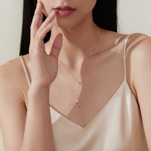 White Akoya Pearl Y-Shaped Pendant Gold Necklace - 18K Solid Gold