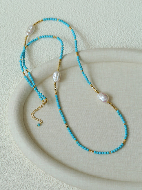 Turquoise and Baroque Pearl Layered Long Necklace - Coastal Elegance