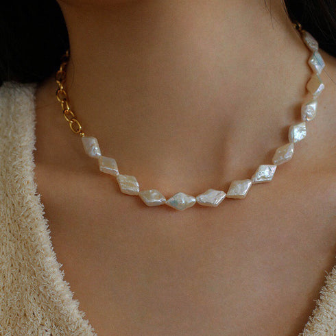 Rhombic Freshwater Baroque Pearl Gold Chain Necklace – Gold Plated